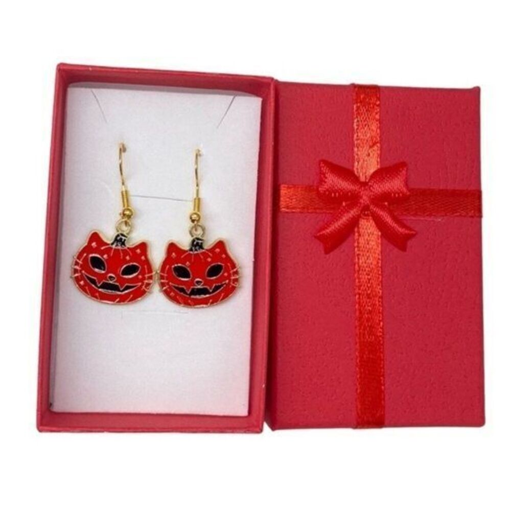 Pumpkin Black Cat Red Jack-O-Lantern Enamel Earrings